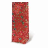 Wrap-Art 17287 Holly & Poinsettia Printed Papper Bag with Plastic Rope Handle Red