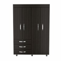 Hamilton Mobile Armoire, Double Door Cabinet, Three Drawers, Rods, Two Shelves, Black