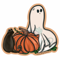 Halloween Pumpkin - Lost Ghost With Friendly Black Cat - Vinyl Sticker Or Magnet 3x3in