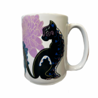 15oz Ceramic Coffee Mug - Black Cat Purple Blue Floral - Dia De Los Muertos - Day Of The Dead