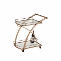 2 Tier Modern Wheeled Serving Bar Cart with Wine Bottle Holders, Gold Metal & Clear Glass