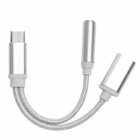 USB Type C to 3.5mm Aux Audio Charging Adapter Braided TPE Metal Shell Silver