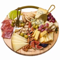Bamboo Cheese Board and Knife Set with Magnetic Cutlery Storage - 13 Round Charcuterie Board