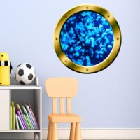 VWAQ Blue Jellyfish Peel and Stick Ocean Life Gold Window Porthole Vinyl Wall Decal - GP28