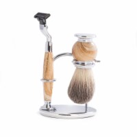 Bey-Berk International BB17 Mach 3 Razor & Pure Badger Brush on Chrome with Stand, Tan Stone