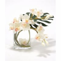 Waterlook White Orchid Arrangement with Split Philo Leaf in Curved Rectangular Glass Vase