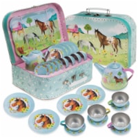 Jewelkeeper 15 Piece Kids Pretend Toy Tin Tea Set & Carrying Case - Horse Design