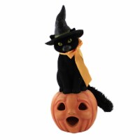 Halloween Black Cat On Jack O' Lantern Polyresin Witch Flocked Pumpkin Td0058