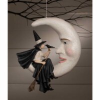 Halloween Bewitching Moon Witch Paper Mache Black Crow Broom Td1195