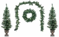 Good Tidings Classic Holiday 4- Piece Porch Set, Lit Wreath, Garland and 2 Trees