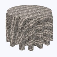 Round Tablecloth, 100% Polyester, 102" Round, Black Lace Butterflies & Flowers Stripe