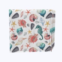 Napkin Set, 100% Polyester, Set of 4, 18x18 , Nautical Shells, Starfish & Seahorses