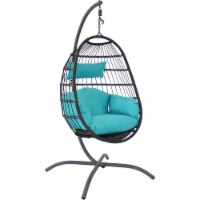 Sunnydaze Resin Wicker Hanging Egg Chair with Steel Stand/Cushions - Blue