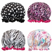 Wrapables Stylish Double Layer Waterproof Shower Caps (Set of 4), Animal Print & Dots