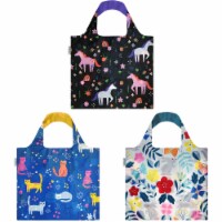 Wrapables Large Reusable Shopping Tote Bag with Outer Pouch (Set of 3), Cute Creatures