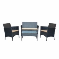 Jeco W00609-B 2 in. Aoife Steel Black Resin Wicker Patio Conversation Set with Tan Cushion -