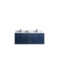 60" Navy Blue Double Vanity, White Carrara Marble Top, White Square Sinks and 60" LED Mirror