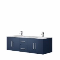 60" Navy Blue Double Vanity, White Carrara Marble Top, White Square Sinks and no Mirror