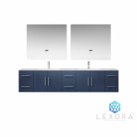 84" Navy Blue Double Vanity, MarbleTop, White Square Sinks & 36" LED Mirrors w/ Faucets