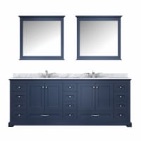 84" Navy Blue Double Vanity, White Marble Top, White Square Sinks & 34" Mirrors w/ Faucets