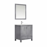 30" Distressed Grey Single Vanity, White Marble Top, White Square Sink & 28" Mirror w/ Faucet