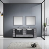 84" Distressed Grey Double Vanity, MarbleTop, White Square Sinks & 34" Mirrors w/ Faucets