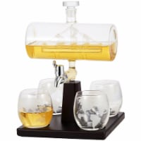 Aisle26 Sail Boat Whiskey Decanter and 4 Cups Set with Wood Base
