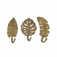 Set of 3 Cast Iron Gold Tropical Leaf Decorative Wall Hooks Towel Hanger Rack - Gold