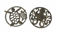 Set of 2 Antique Bronze Finished Cast Iron Sea Turtle And Octopus Wall Hanging Decor