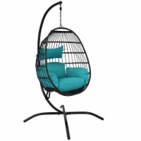 Hanging Egg Swing Chair and Stand Resin Patio Basket Wicker Teal Cushion Pillow
