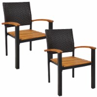 Set of 2 Patio Chair Black Resin Rattan Wooden Seat Stackable Outdoor Armchair