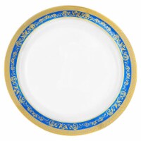 10.25  White with Blue and Gold Royal Rim Plastic Dinner Plates (120 Plates)
