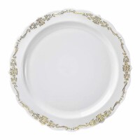 7.5  White with Gold Vintage Rim Round Disposable Plastic Appetizer/Salad Plates (120 Plates)