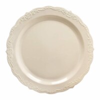 10  Ivory Vintage Round Disposable Plastic Dinner Plates (120 Plates)
