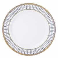 10.25  White with Blue and Gold Chord Rim Plastic Dinner Plates (120 Plates)