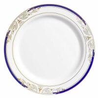 10.25  White with Blue and Gold Harmony Rim Plastic Dinner Plates (120 Plates)