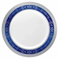 10.25  White with Blue and Silver Royal Rim Plastic Dinner Plates (120 Plates)