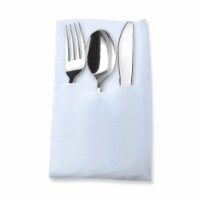 Silver Plastic Cutlery White Pocket Napkin Set - Napkins, Forks, Knives, Spoons (70 Guests)