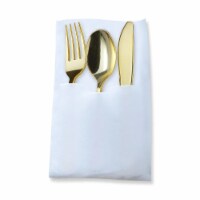 Gold Plastic Cutlery White Pocket Napkin Set - Napkins, Forks, Knives, Spoons (70 Guests)