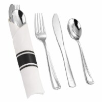 Silver Plastic Cutlery White Napkin Rolls Set - Napkins, Forks, Knives, Spoons (100 Guests)