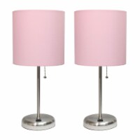 LimeLights Silver Metal Stick Lamp w/ USB Port 2 Pack with Light Pink Shade