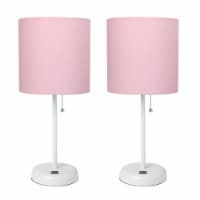 LimeLights Metal Stick Lamp w/ USB Port 2 Pack in White with Light Pink Shade