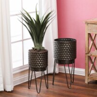 Luxenhome WHPL1454 Brown Metal Honeycomb Cachepot Planter with Brown Metal Stand - Set of 2
