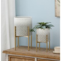 Luxenhome WHPL1459 Gray & White Metal Cachepot Planter with Gold Metal Stand - Set of 2
