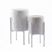 Luxen Home WHPL1592 Metal Leaf Embossed Cachepot Planters with Stand, White - 2 Piece