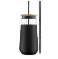 JoyJolt Glass Tumbler with 1 Straws & Non Slip Silicone Sleeve - 20 oz - Black