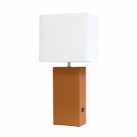 Elegant Designs Leather Table Lamp w/ USB Port in Tan with White Shade