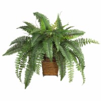 Nearly Natural 6549 Boston Fern with Wood Wicker Basket Silk Plant- Green