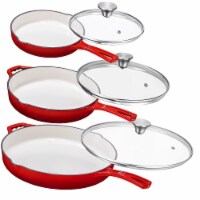 Bruntmor Red 8”, 10”, 12” Cast Iron Frying Pan Set w/ Tempered Glass Lid