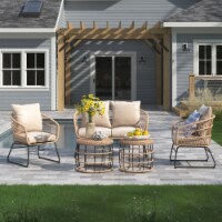 5-Pieces Wicker Rattan Outdoor Patio Set 2-Side Table Cushion Set, Beige